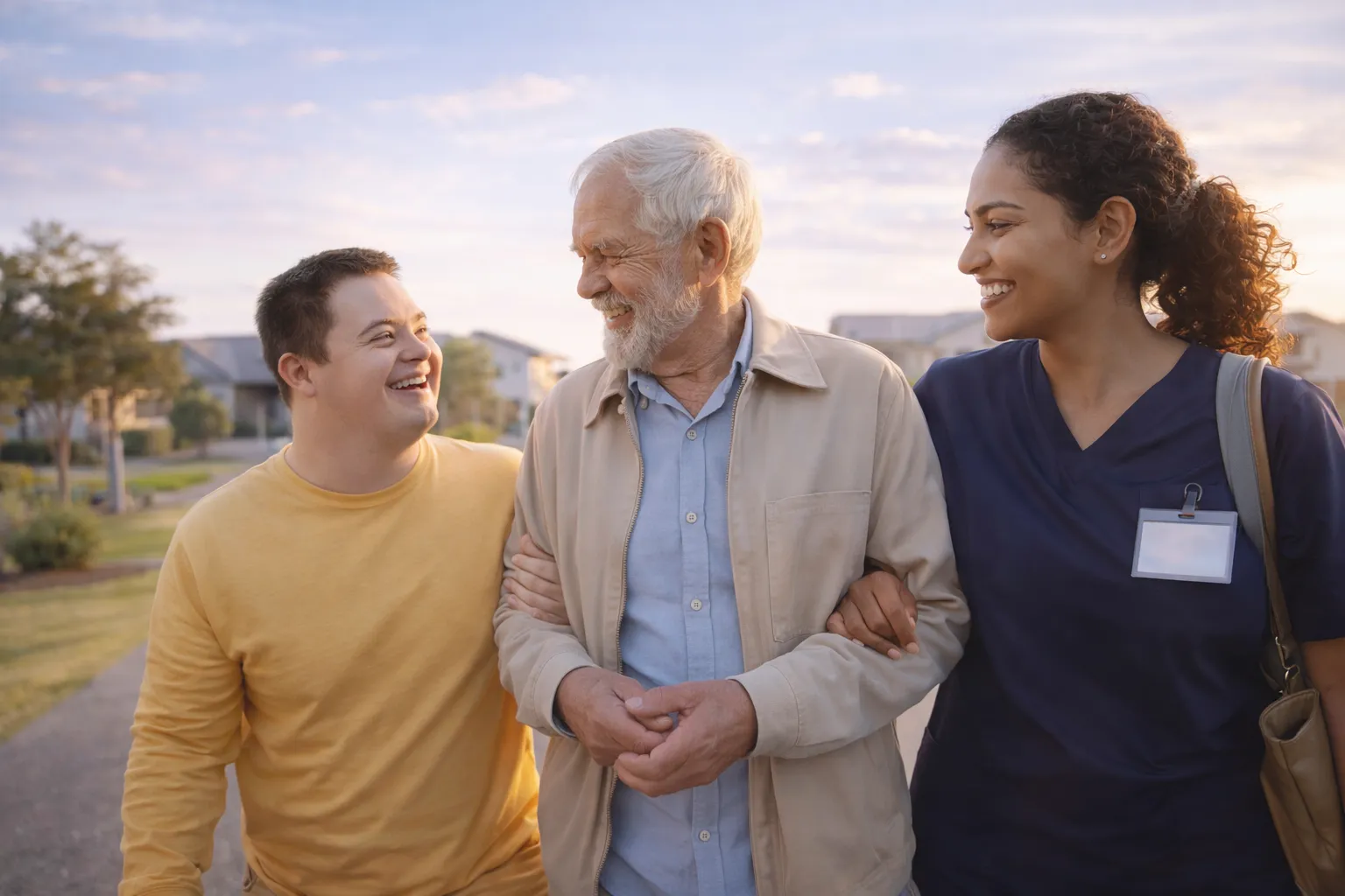 NDIS support coordinator walking with participant and carer